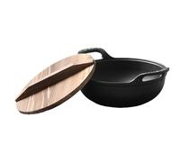 Bewinner Wok de Hierro Fundido con Tapa de Madera, Sartén Antiadherente sin Revestimiento para Placas de Inducción, Diseño de Doble, 32 Cm/12,6 Pulgadas (32 cm/12,6 pulgadas)
