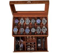 BEWISHOME Caja de reloj para hombre, organizador de relojes de lujo de piel sintética con cajón de joyas, parte superior de cristal real, bisagra de metal, marrón SSH12Z