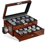 BEWISHOME Caja de Relojes con 20 Compartimentos, Relojero Organizador Hombre de Lujo con Tapa de Vidrio, Caja Para Relojes, Alfombrilla de Reloj Extraíble, Cierre Metálico, Regalos Para Hombres