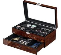 BEWISHOME Caja para relojes con cajón - Placa de cristal auténtico, bandeja ajustable, bisagra de metal, diseño de fibra de carbono ESSH32Y