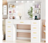 BEWISHOME Grande Tocador con Luces LED Regulables y enchufes, Mesa de Maquillaje con Espejo y Tapa de Vidrio,Tocador de Maquillaje con 9 cajones,4 estantes Abiertos Blanco EFST39W