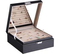 BEWISHOME Joyeros Organizador de Anillos y Caja para Pendientes-11 Ranuras para Anillos, 25 Compartimentos para Pendientes,Bandeja de Joyería de 2 Capas Almacenamiento de Gemelos, Joyero Negra ESSH21B