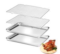 BEWOS Juego de 4 Piezas para Hornear (2 Bandejas y 2 Rejillas), Bandeja de Acero Inoxidable para Horno, Resistente y Fácil de Limpiar, Apta para Lavavajillas, Bandeja Rectangular para Hornear