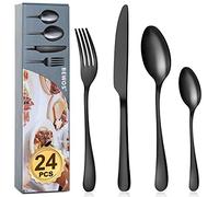 BEWOS Juego de cubiertos de 24 piezas, juego de cubiertos negro mate para 6 personas, cubiertos de acero inoxidable pulido a espejo, juego de cuchillo, tenedor, cuchara, apto para lavavajillas