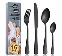 BEWOS - Juego de cubiertos de acero inoxidable de 16 piezas, color negro mate, juego de cubiertos con cuchara, cuchillo y tenedor, servicio para 4, fácil de limpiar/apto para lavavajillas