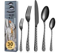 BEWOS Juego de cubiertos de acero inoxidable de 30 piezas, negro mate satinado, juego de cubiertos con cuchillo, tenedor, cuchara, servicio para 6 personas, apto para lavavajillas