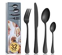 BEWOS - Juego de cubiertos de acero inoxidable de 32 piezas, juego de cubiertos con cuchara, cuchillo y tenedor negro mate, servicio para 8, apto para lavavajillas, fácil de limpiar