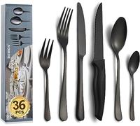 BEWOS Juego de cubiertos para 6 personas, juego de cubiertos de acero inoxidable de 36 piezas con cuchillos para carne, juego de cubiertos negro mate que incluye cuchillo, tenedor, cuchara