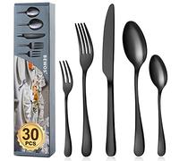 BEWOS Juego de cubiertos para 6 personas, juego de cubiertos negro mate de 30 piezas que incluye cuchillo, tenedor, cuchara, cubiertos de acero inoxidable, apto para lavavajillas