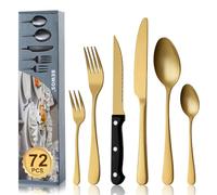 BEWOS Juego de Oro cubiertos para 12 personas, cuberteria acero inoxidable de 72 piezas con cuchillos para carne, Cuchillo Cuchara Tenedor Cubiertos Set Espejo Pulido, Apto para Lavavajillas