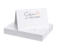 Bewudy 50 tarjetas de mesa blancas de papel de estraza con texto en alemán «Schön Dass Du Da Bist » para bodas, 110 x 85 mm, decoración de mesa, tarjetas de nombre, tarjetas de fiesta, para cumpleaños