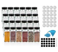 Bewunder Osaka Spice Jar Set de 24 botes de cristal cuadrados de 120 ml y tapas de metal | Organiza tu cocina con elegantes tapas de metal negro, etiquetas, bandeja de esparcimiento y embudo de