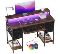 BEXEVUE Escritorio Moderno LED con Regleta Enchufes - 120x50 cm Mesa Gaming Ordenador con Bandeja para Teclado, 4 Cajones Reversibles, Grande Soporte Monitor para Estudiar Jugar Trabajar Dormitorio