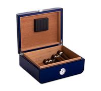 Bey-Berk Humidor de puros con capacidad para 50 puros, caja de cigarros de escritorio única de lujo con higrómetro externo, azul con detalles cromados