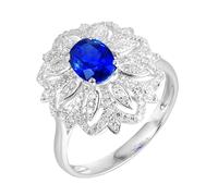 Beydodo Anillo Compromiso Oro Blanco de 18 Kilates para Mujer con Flor y Oval con Zafiro Creado de 1.2ct y Moissanita, Anillo de Compromiso Mujer Plata Azul, Tamaño 22(62mm)
