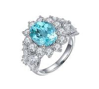Beydodo Anillo de Compromiso Mujer de Oro Blanco 9 Kilates con Flor con Oval Turmalina Paraiba Creada y Moissanita, Anillos Plata Azul Lago de Mujer de Matrimonio, Talla 22(62mm)