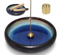 BEYLAB 3 en 1 Soporte para Varillas de Incienso Cuenco Incienso de cerámica para Cualquier Incienso, Soporte para Palo Santo, Salvia Blanca, Juego de latón extraíble - Azul