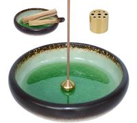 BEYLAB 3 en 1 Soporte para Varillas de Incienso Cuenco Incienso de cerámica para Cualquier Incienso, Soporte para Palo Santo, Salvia Blanca, Juego de latón extraíble - Verde