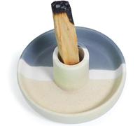 BEYLAB Soporte para incienso Palo Santo, soporte para varillas de palo santo, madera ahumada, meditación, yoga, quemador de madera, cuenco con cenicero, moderno, minimalista, beige y azul