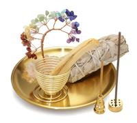 BEYLAB Triple Goddess Brass - Soporte de incienso 5 en 1 con bolsa de almacenamiento, cuenco de incienso de 14 cm para cualquier varilla de incienso, soporte de Palo Santo, salvia blanca, conos, juego