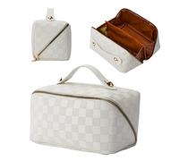 BeyondNice - Bolsa de Maquillaje a Cuadros con Gran Apertura de Cremallera de 180 Grados - Cuero PU Impermeable - Pequeña Bolsa de Viaje para organizar cosméticos (Blanco), Blanco/jardín opulento,