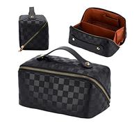 BeyondNice - Bolsa de Maquillaje a Cuadros con Gran Apertura de Cremallera de 180 Grados, Piel sintética Impermeable, pequeña Bolsa de Maquillaje de Viaje para organizar cosméticos (Negro), Negro