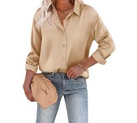 Beyove Blusa de satén de seda con cuello en V, elegante, manga larga, para negocios, con botones, suelta, manga larga, Oro champán., S