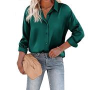 Beyove Blusa de satén de seda con cuello en V, elegante, manga larga, para negocios, con botones, suelta, manga larga, verde oscuro, M