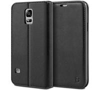 BEZ Funda Samsung S5, Carcasa Compatible para Samsung Galaxy S5 / S5 Neo, Libro de Cuero con Tapa y Cartera, Cover Protectora con Ranura para Tarjetas y Billetera, Cierre Magnético, Negro