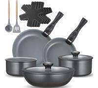 BEZIA Juego de ollas de inducción de 17 piezas, juego de sartenes de cerámica con asas extraíbles, juego de ollas de camping para todo tipo de cocinas, diseño apilable, apto para lavavajillas y horno