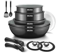 BEZIA Juego de sartenes con asas extraíbles, juego de ollas y sartenes con revestimiento de cerámica saludable, juego de sartenes de inducción, 13 piezas, para todas las cocinas, diseño apilable, apto