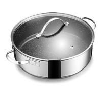 BEZIA Tartera de Acero Inoxidable 18/10 de 28cm (5,1L) con Tapa, Cacerola Baja Antiadherente, Sartén Honda para Estofar, Guisar y Freír, Apta para Todo Tipo de Fuegos (Incluida Inducción) y Horno