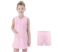 Bezioner Vestido Tenis Niñas Cremallera Vestidos Deportivos con Pantalones Cortos Bolsillos Vestidos Padel Línea A Ropa Golf Rosa 140