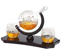 Bezrat Juego de decantador de whisky con forma de globo grabado + 2 vasos de whisky en bandeja de base clásica de caoba de madera rica, embalaje de regalo, dispensador de whisky antiguo para licor,