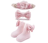 BFNAAgirl Juego de calcetines de nailon para bebé niña, calcetines con pajarita para recién nacido, calcetines de flores elásticas, accesorios para el cabello, regalo para recién nacidos y niños