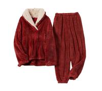 YIJOY Pijama de Lana de Coral Traje de Pijama de Franela de otoño e Invierno para Mujeres, Traje de Pijama Casual Grueso,Rojo,L