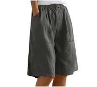 BFSWL Bermudas - Pantalones cortos para mujer, largo hasta la rodilla, pierna ancha, muselina, monocolor, algodón, lino, pantalones cortos, tiempo libre, verano, pantalones cortos de lino con botones