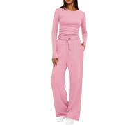 BFSWL Camiseta de manga larga elegante de dos piezas para mujer, camiseta de manga larga y pantalón de 2 piezas, traje de ocio ligero, Rosa., M