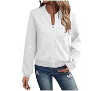BFSWL Cazadora bomber para mujer, color liso, con cremallera, con bolsillos, para tiempo libre, manga larga, con textura, Blanco, S