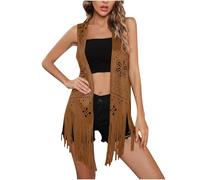 BFSWL Chaleco con flecos para mujer, estilo hippie, largo de ante sintético, con borlas, estilo vintage, marrón, XXL