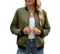 BFSWL Chaqueta bomber impermeable para mujer, chaqueta de lluvia ligera con cremallera, chaqueta de entretiempo de manga larga de color liso, chaqueta de aviador informal con bolsillos, verde, XL