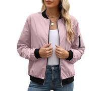 BFSWL Chaqueta bomber impermeable para mujer, chaqueta ligera con cremallera, chaqueta de entretiempo de color liso, chaqueta de aviador informal con bolsillos, Rosa., L