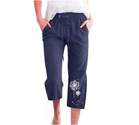 BFSWL Pantalones de lino para mujer, muselina de verano, pantalones 3/4, estampado de diente de león, pantalones capri, informales, con bolsillos, sueltos, rectos, de tela, algodón, lino, pantalones