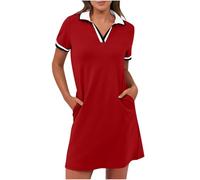 BFSWL - Polo para mujer de manga corta - Longitud hasta la rodilla - Vestido deportivo - Vestido de verano - Vestido de golf - Color liso - Polo de tenis con solapa - Mini polo de tenis con bolsillos