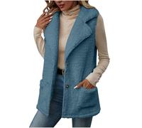 BFSWL Teddy Chaleco largo para mujer, térmico, liso, con solapa, chaleco de peluche, cálido invierno, azul, S