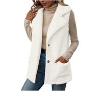 BFSWL Teddy Chaleco largo para mujer, térmico, liso, con solapa, chaleco de peluche, cálido invierno, Blanco, XXL
