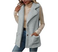 BFSWL Teddy Chaleco largo para mujer, térmico, liso, con solapa, chaleco de peluche, cálido invierno, gris, XL