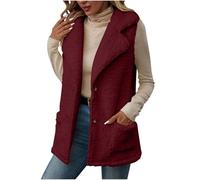 BFSWL Teddy Chaleco largo para mujer, térmico, liso, con solapa, chaleco de peluche, cálido invierno, rojo, L