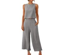 BFSWL Traje de ocio para mujer, sin mangas, muselina, dos piezas, algodón, lino, 2 piezas, cuello redondo, blusa de lino, pierna ancha, pantalones de verano, monocolor, gris, S