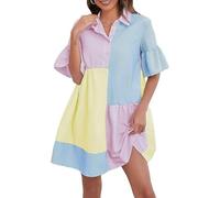 BFSWL Vestido camisero para mujer, de verano, a rayas, color bloque de color, vestido de ocio, ligero, volantes, manga corta, vestido de verano, con solapa, vestido de camisa con botones, vestido de
